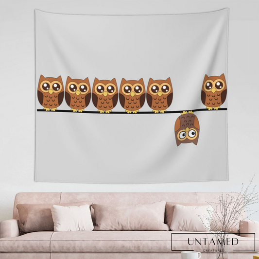 Brown White Polyester Owl Cartoon Tapestry with Minimalist Design Bedroom Decor