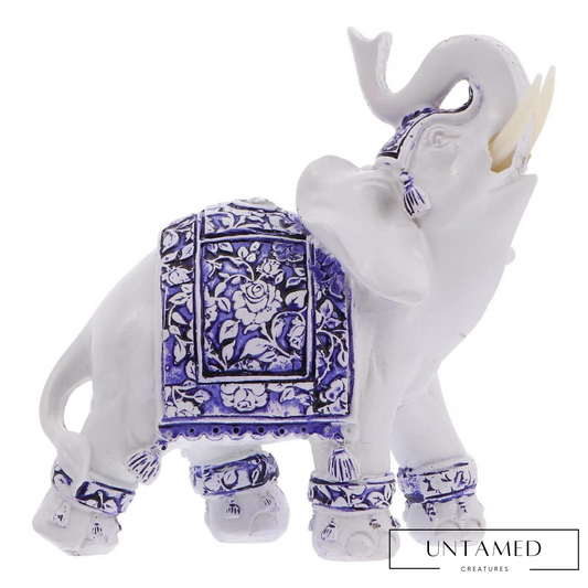 Blue and White Ceramic Elephant Figurine with Hand-Painted Whimsical Design Home Decor