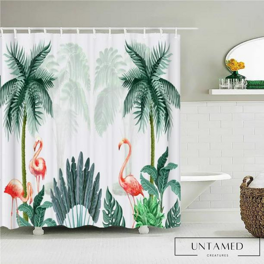 Pink Green White Polyester Flamingo Bath Curtains with Tropical Print Design Bathroom Decor