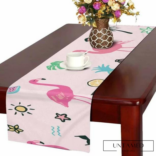 Pink Fabric Flamingo Table Runner with Summer Vibe Pattern Design Kitchen Decor