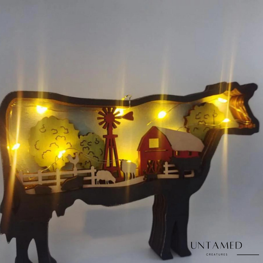 Multicolor Wood Cow Sculpture with a Button Battery-Powered LED Light Room Decor