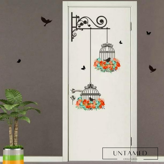 Light Green PVC Bird Decal Sticker with Butterflies and Flowers Room Decor