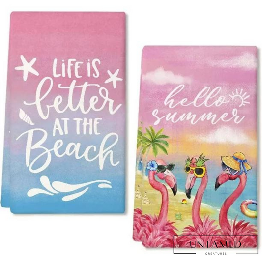 Pink Microfiber Flamingo Kitchen Towels with Hello Summer and Life is Better at the Beach Print Design Kitchen Decor
