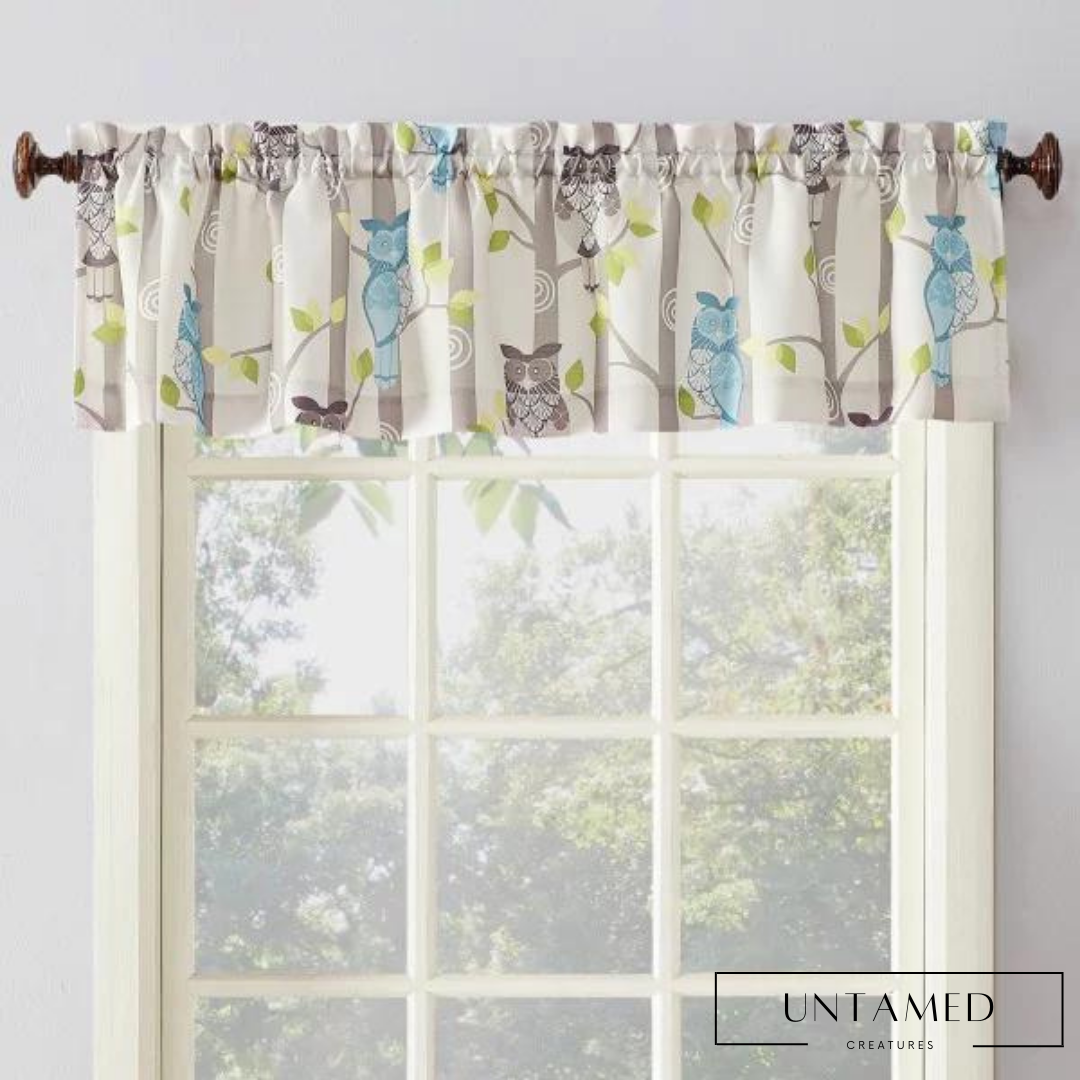 White Polyester Owl Curtain with Leave Kitchen Decor