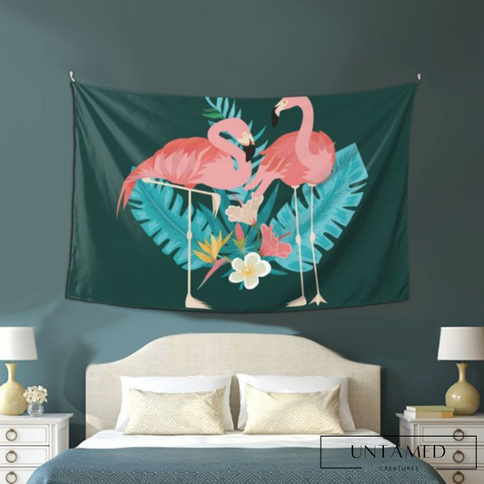 Colorful Polyester Flamingo Tapestry with Green Background and Tropical Scene Wall Decor