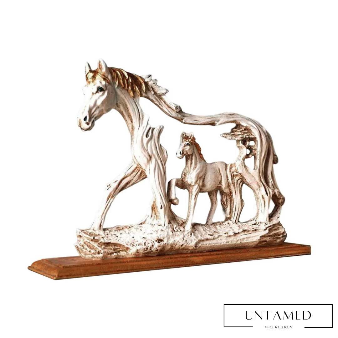 Gold Wood Horse Figurine with Baby Horse Design Home Decor