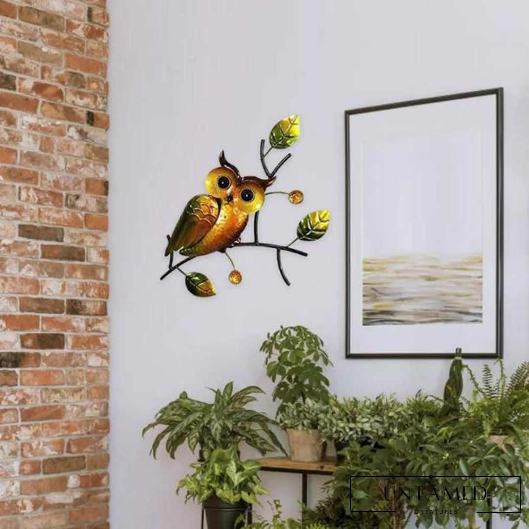 Gold Iron Owl Art Hanging with Branch and Leaf Detailing Wall Decor