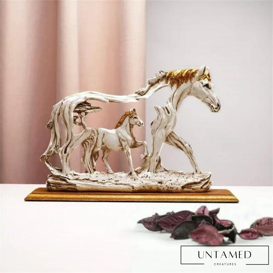 Gold Wood Horse Figurine with Baby Horse Design Home Decor
