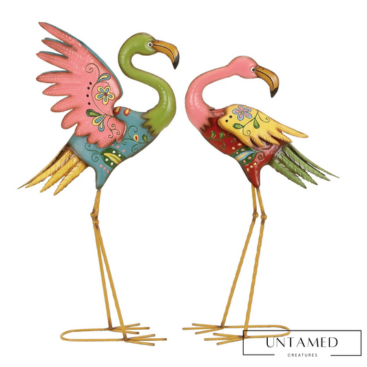 Colorful Steel Embossed Flamingo Sculpture for Indoor-Outdoor Decor with Floral Design