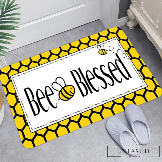 White Yellow Flannel Bee Entryway Doormat with Bee Blessed Text Room Decor
