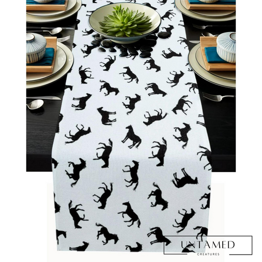 Black Cotton Linen Horse Table Runner with Classic Print Kitchen Decor