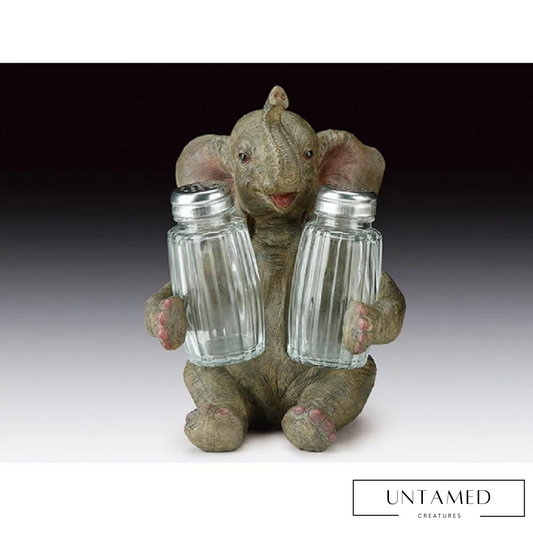 Gray Ceramic and Bamboo Elephant Salt and Pepper Shaker with Lifelike Paint Design Figurine Decor