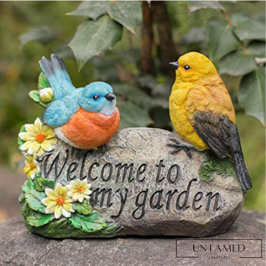 Colorful Resin Bird Welcome Sign Statue with Flowers and Welcome to my Garden Text Outdoor Decor