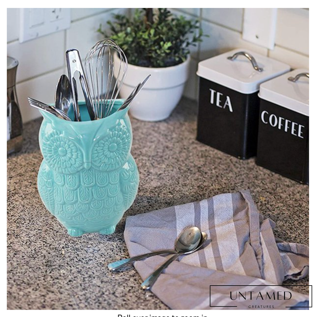 Turquoise Ceramic Owl Multipurpose Jar with Bohemian Carving Design Kitchen Decor
