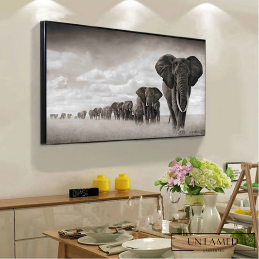 Black Canvas Elephant Artwork with African Scene Wall Decor