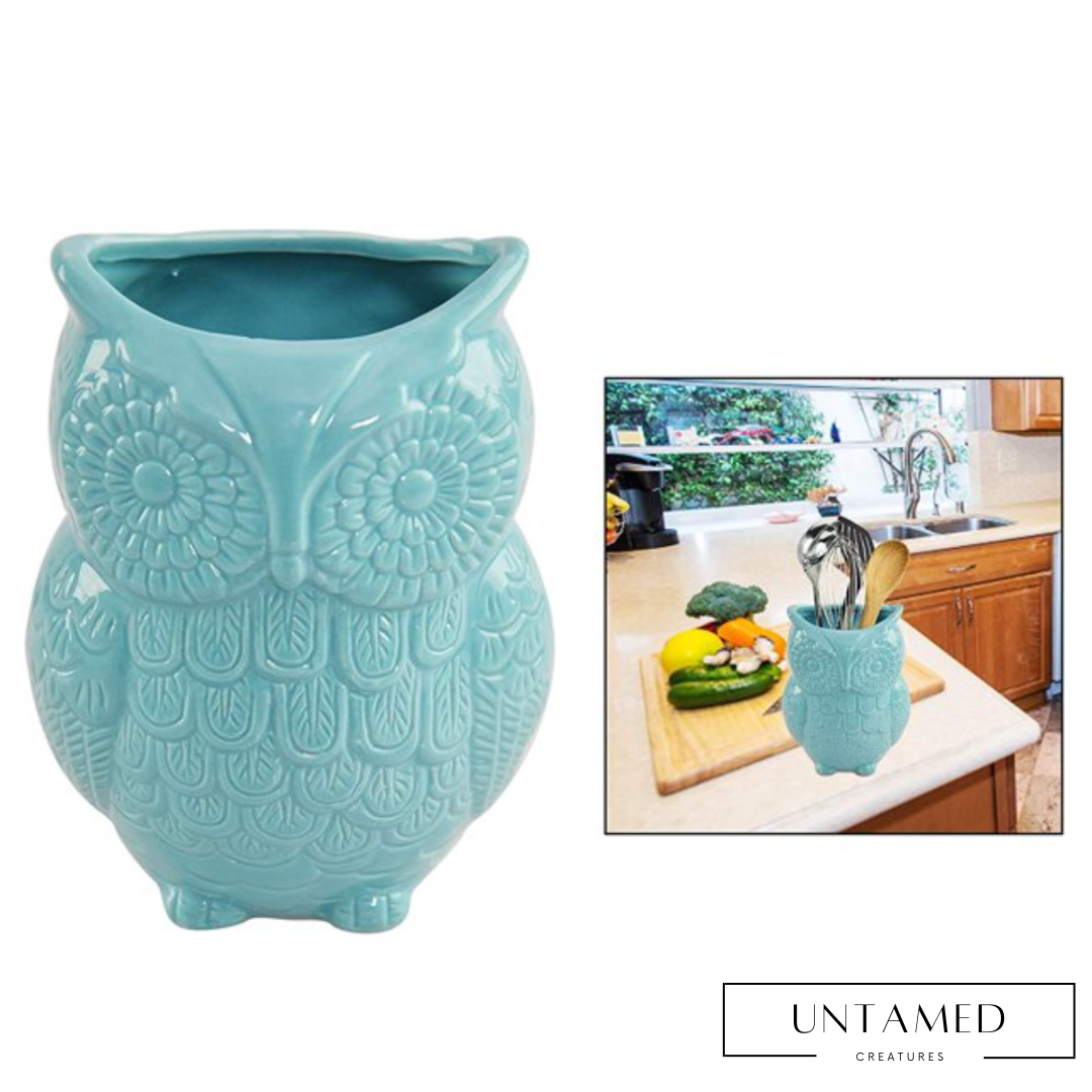 Turquoise Ceramic Owl Multipurpose Jar with Bohemian Carving Design Kitchen Decor