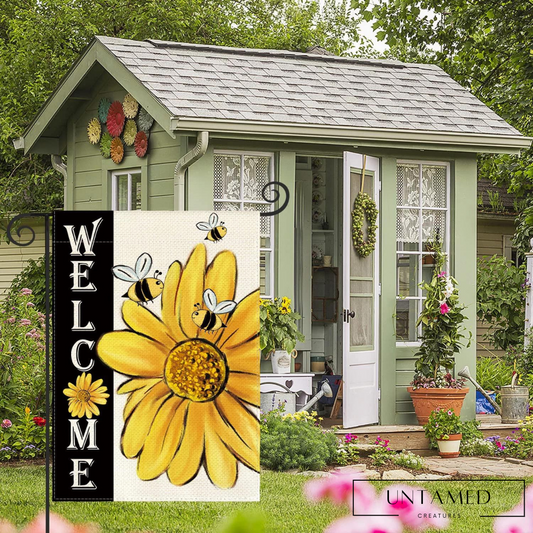 Welcome Watercolor Bee Sunflower Summer Garden Flag