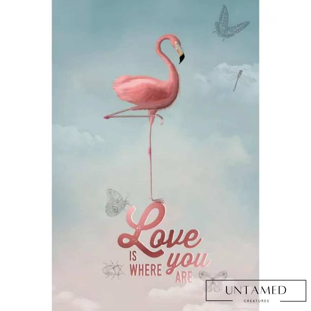 Pink Turquoise Paper Flamingo Motivational Art Print with Love is Where You Are Quote Wall Decor