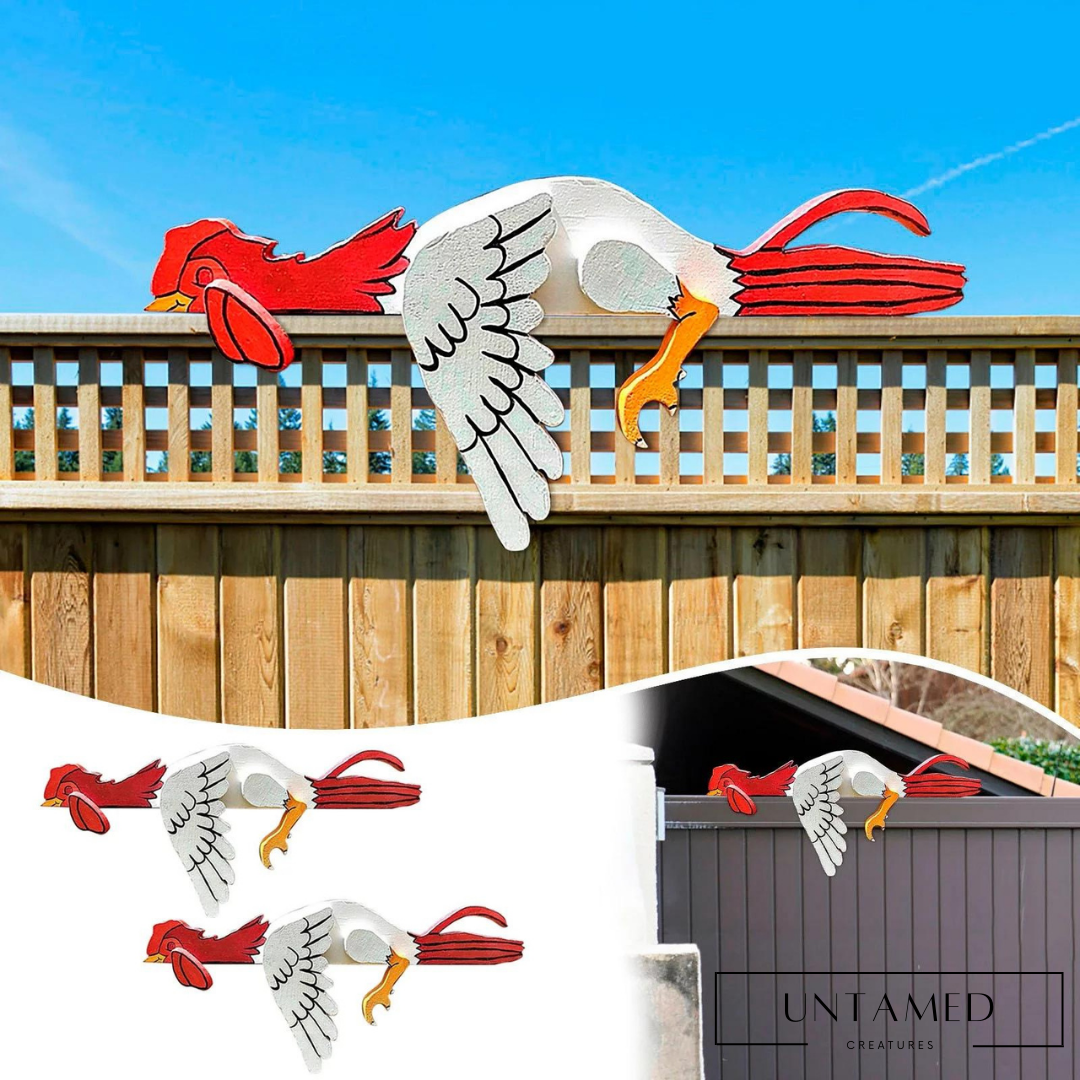 White Red Resin Chicken on Fence Statue for Indoor and Outdoor Decor