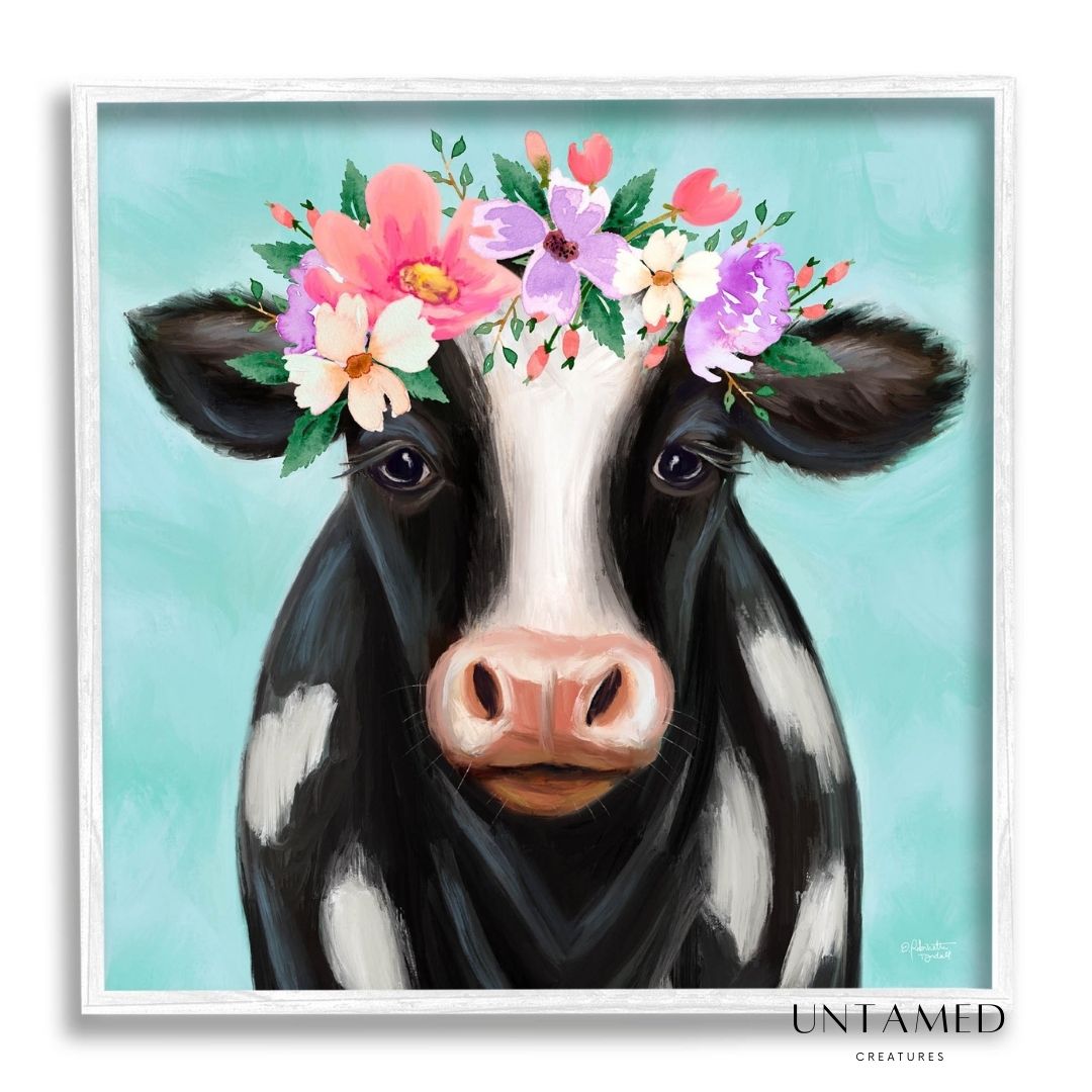 Black White Wood Cow Floral Frame with Turquoise Floral Design Wall Decor