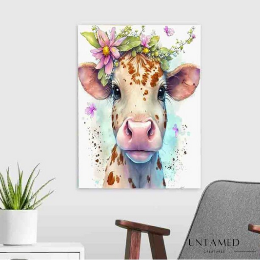 Colorful Canvas Cow Frame with Floral Crown Wall Decor