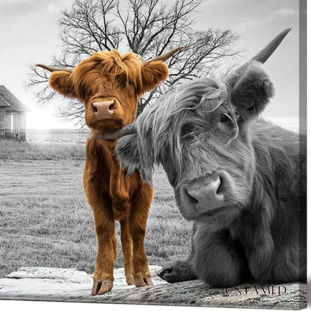 Brown Gray Canvas Cow Frame with Realistic Image Theme Wall Decor