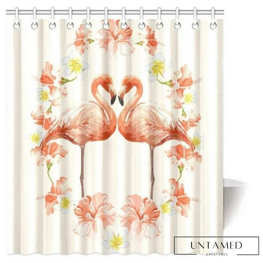 Pink Cotton Flamingo Shower Curtain with Flower Prints Bathroom Decor
