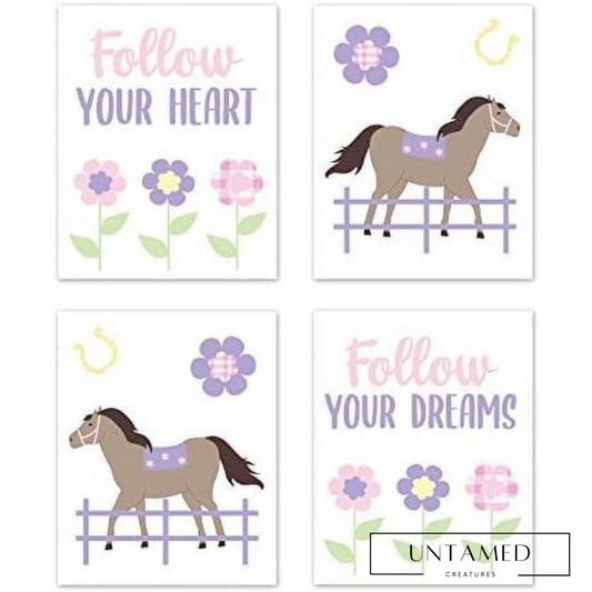 Colorful Paper Horse Wall Hanging with Floral Field Setting Farm Print Nursery Room Decor