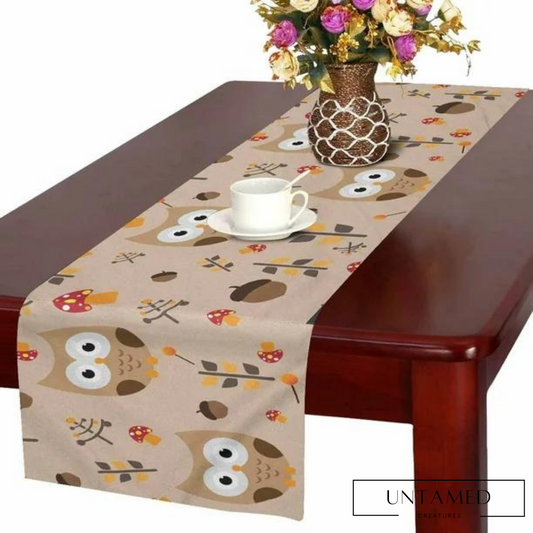 Multicolor Fabric Dining Table Runner with Leaf and Mushroom Print Kitchen Decor