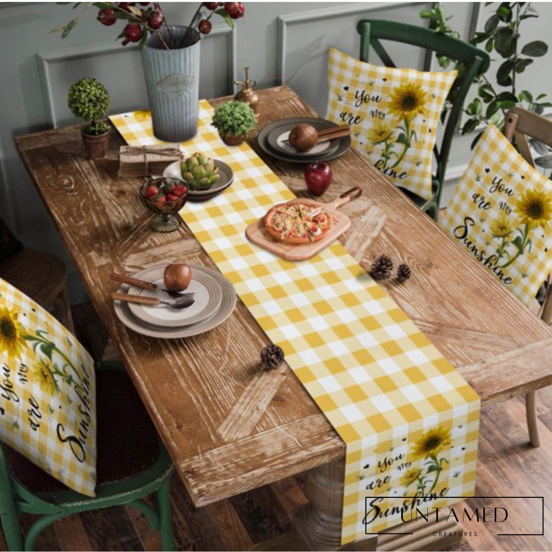 White Yellow Cotton Bee Table Runner with Sunflower and Yours my Sunshine Text Kitchen Decor