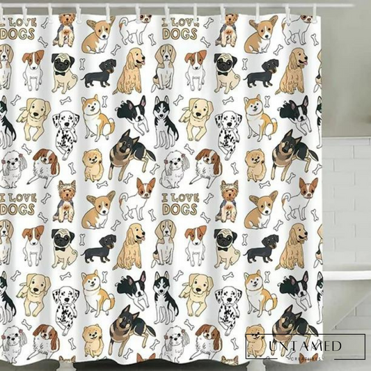 Colorful Polyester Dog Shower Curtain Set with I Love Dogs Text Bathroom Accessory