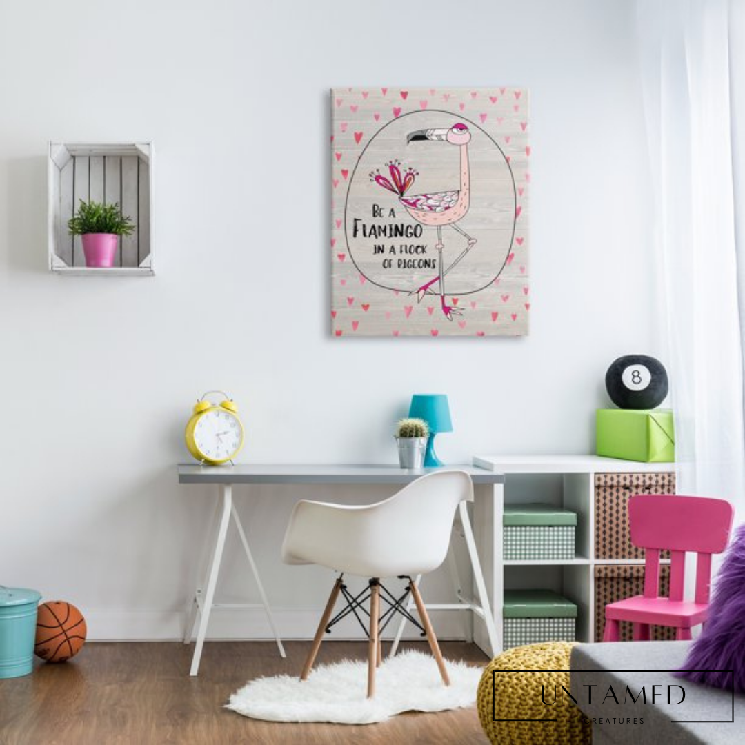 Colorful Wooden Flamingo Artwork with Cartoon Print Wall Decor