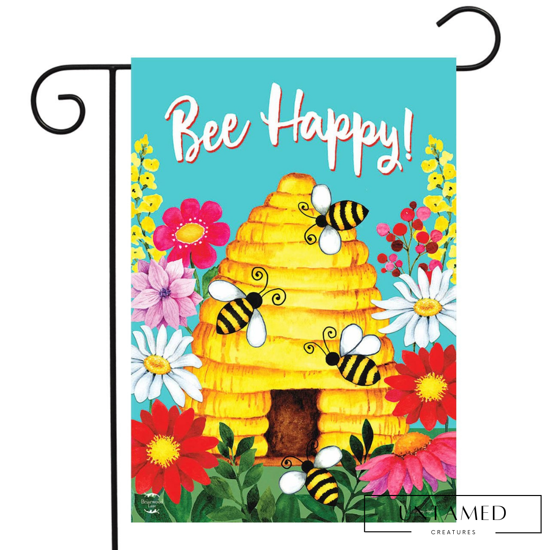 Colorful Polyester Bee Garden Flag Sign with Bee and Hive and Bee Happy Text Outdoor Decor