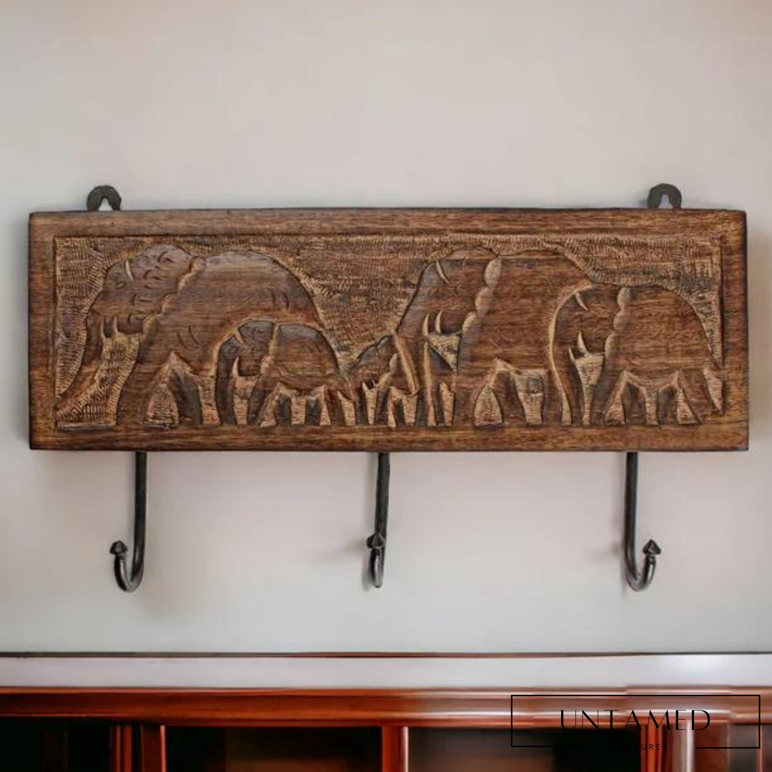 Elephant Design Wood Wall Hanging Key Hook Holder