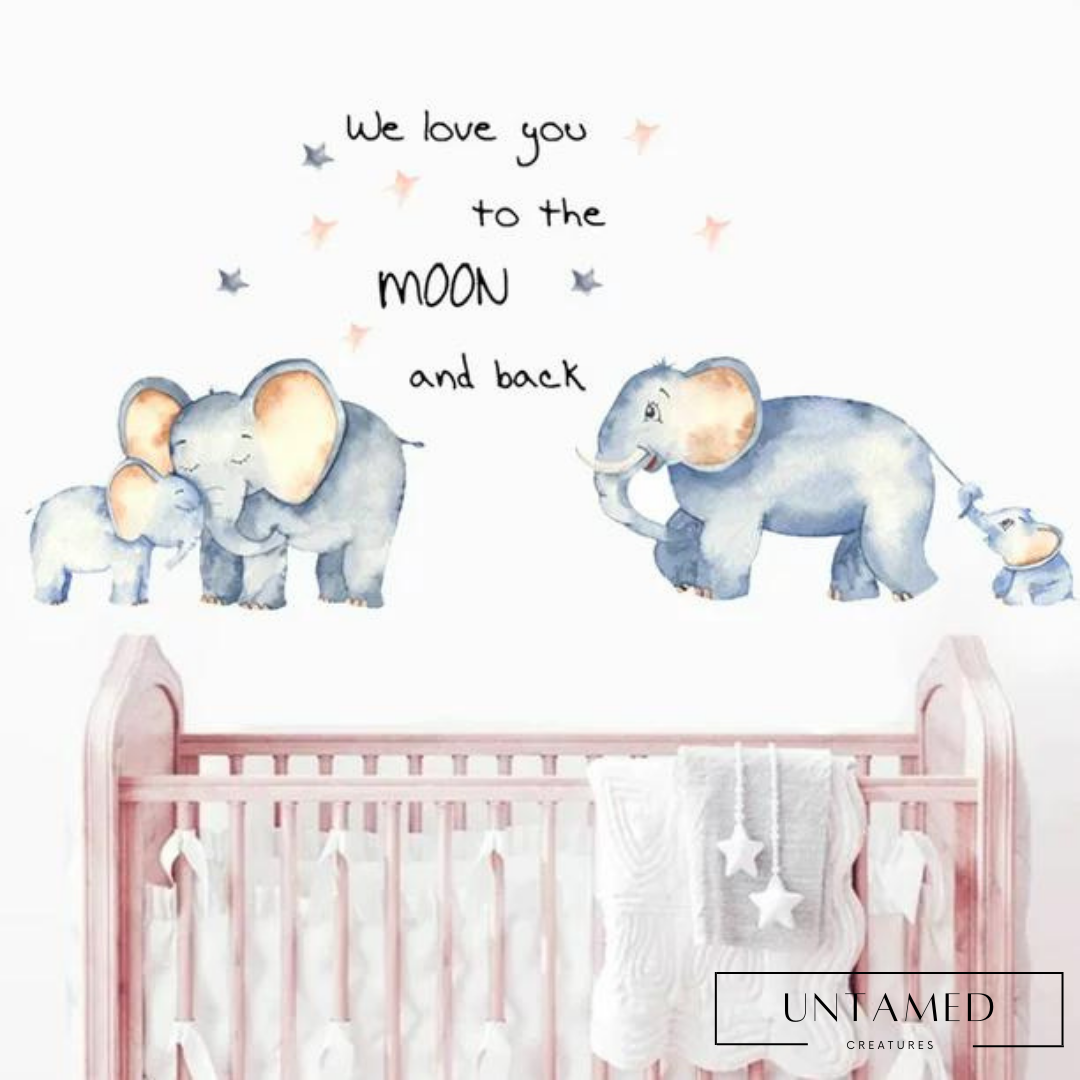 Blue Pink Vinyl Elephant Stickers with We Love You To The Moon and Back Text Wall Decor