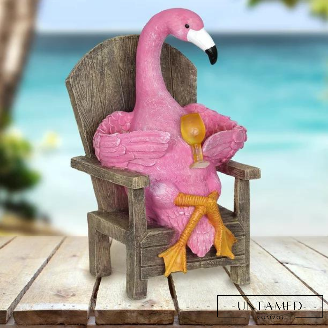 Pink Resin Flamingo Solar LED Light with Lounge Chair Yard Decor
