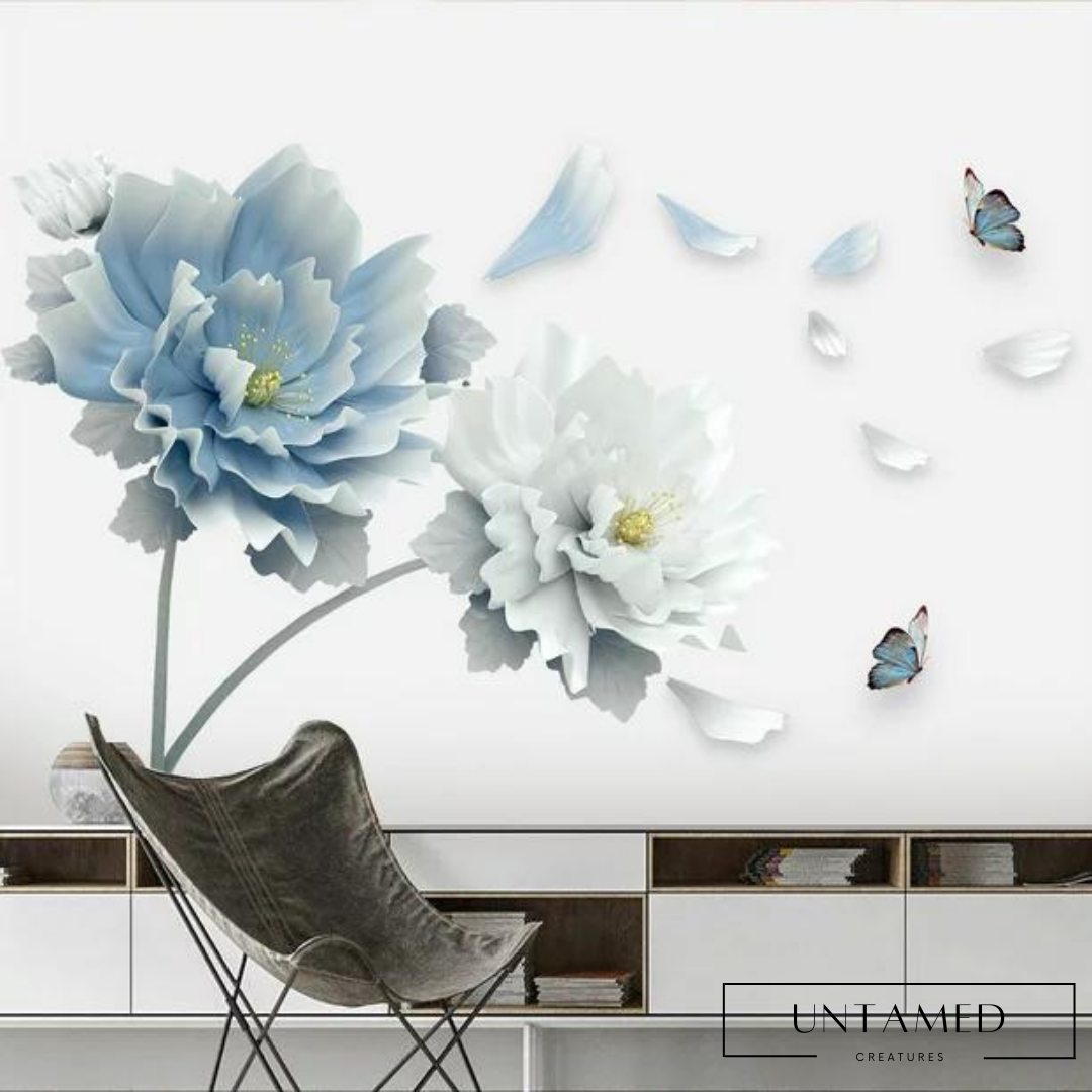 3D Large White Blue Flower Lotus Butterfly Removable Wall Stickers