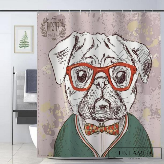 Multicolor Polyester Dog Shower Curtain with Vintage Hipster Theme Print Bathroom Decor