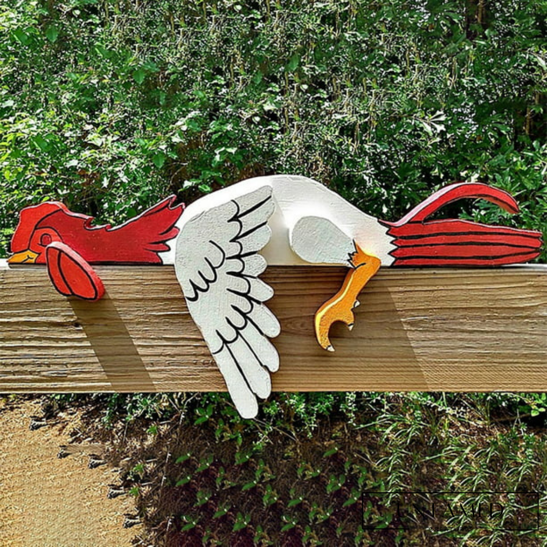 White Red Resin Chicken on Fence Statue for Indoor and Outdoor Decor