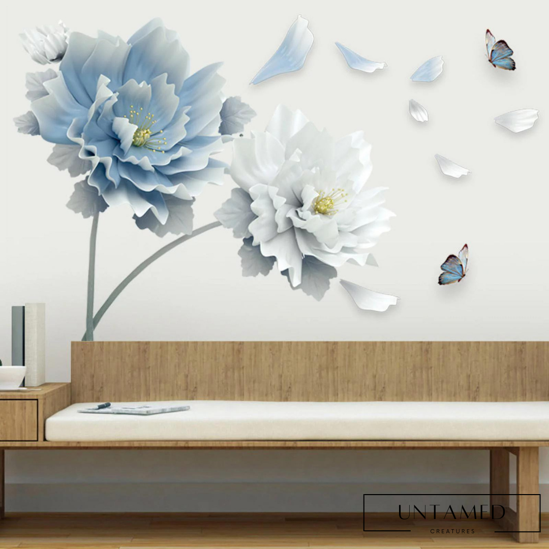 3D Large White Blue Flower Lotus Butterfly Removable Wall Stickers