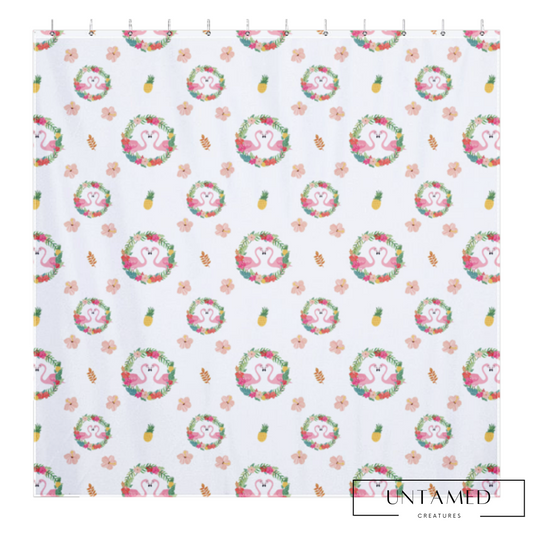 Pink Polyester Flamingo Shower Curtain with Flower and Pineapple Print Bathroom Decor
