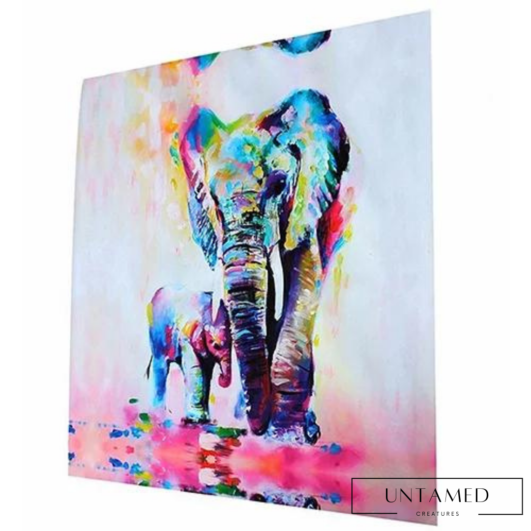 Multicolor Canvas Elephant Print with Mother and Daughter Elephant Design Wall Decor