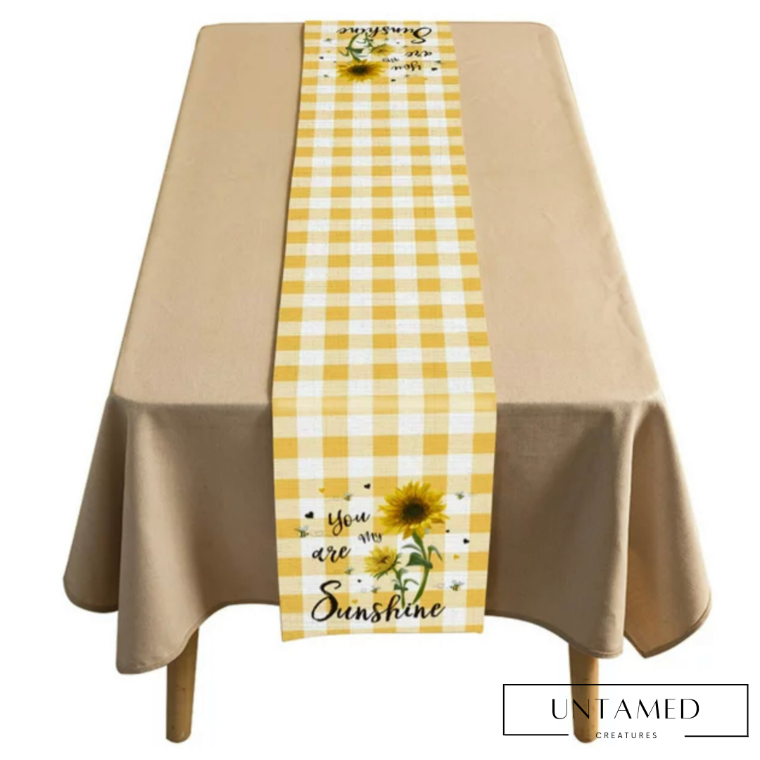 White Yellow Cotton Bee Table Runner with Sunflower and Yours my Sunshine Text Kitchen Decor