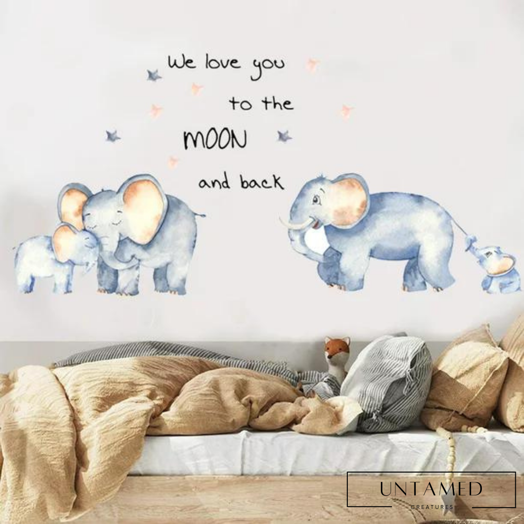 Blue Pink Vinyl Elephant Stickers with We Love You To The Moon and Back Text Wall Decor