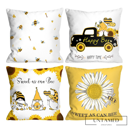 White Yellow Fabric Bee Pillow Cover with Sunflower and Gnomes Room Decor