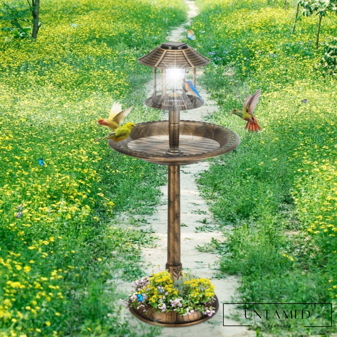 Bronze Solar-Powered Bird Bath Garden Decor with Fountain and Flowers Feature