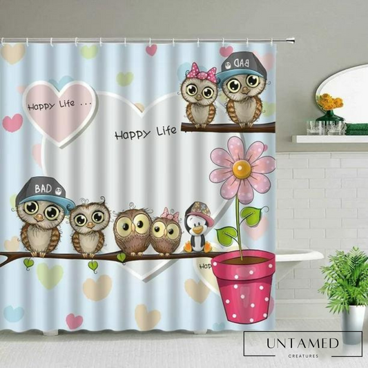 Colorful Polyester Owl Shower Curtain with Flower and Happy Life Text Bathroom Decor