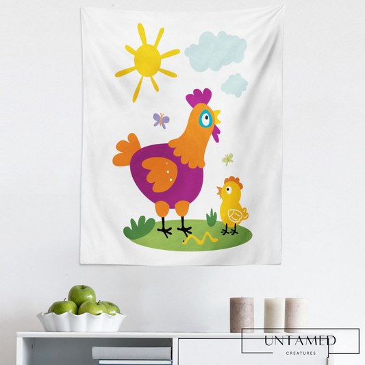 Colorful Microfiber Chicken Tapestry with Farm Scene and Chicks Design Bedroom Decor