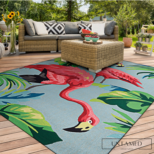 Pink Polypropylene-Polyester Flamingo Decorative Rug with Tropical Leaf Print Outdoor and Indoor Decor