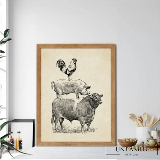 Black and White Canvas Cow Painting with Pig and Chicken Wall Decor